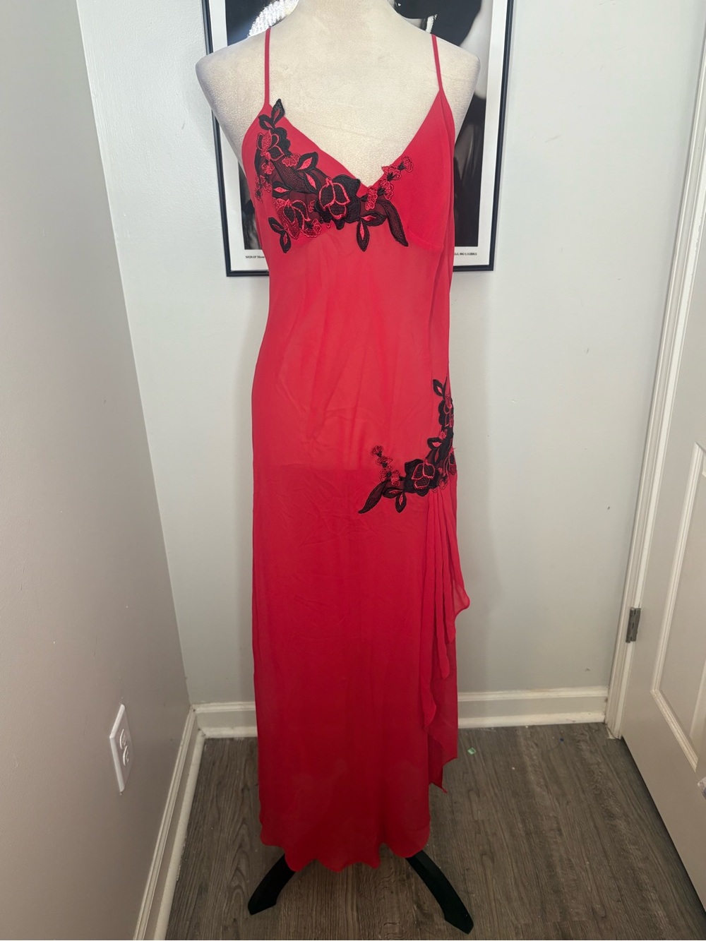 delicates Red Maxi Slip Dress with Black Floral Appliqué